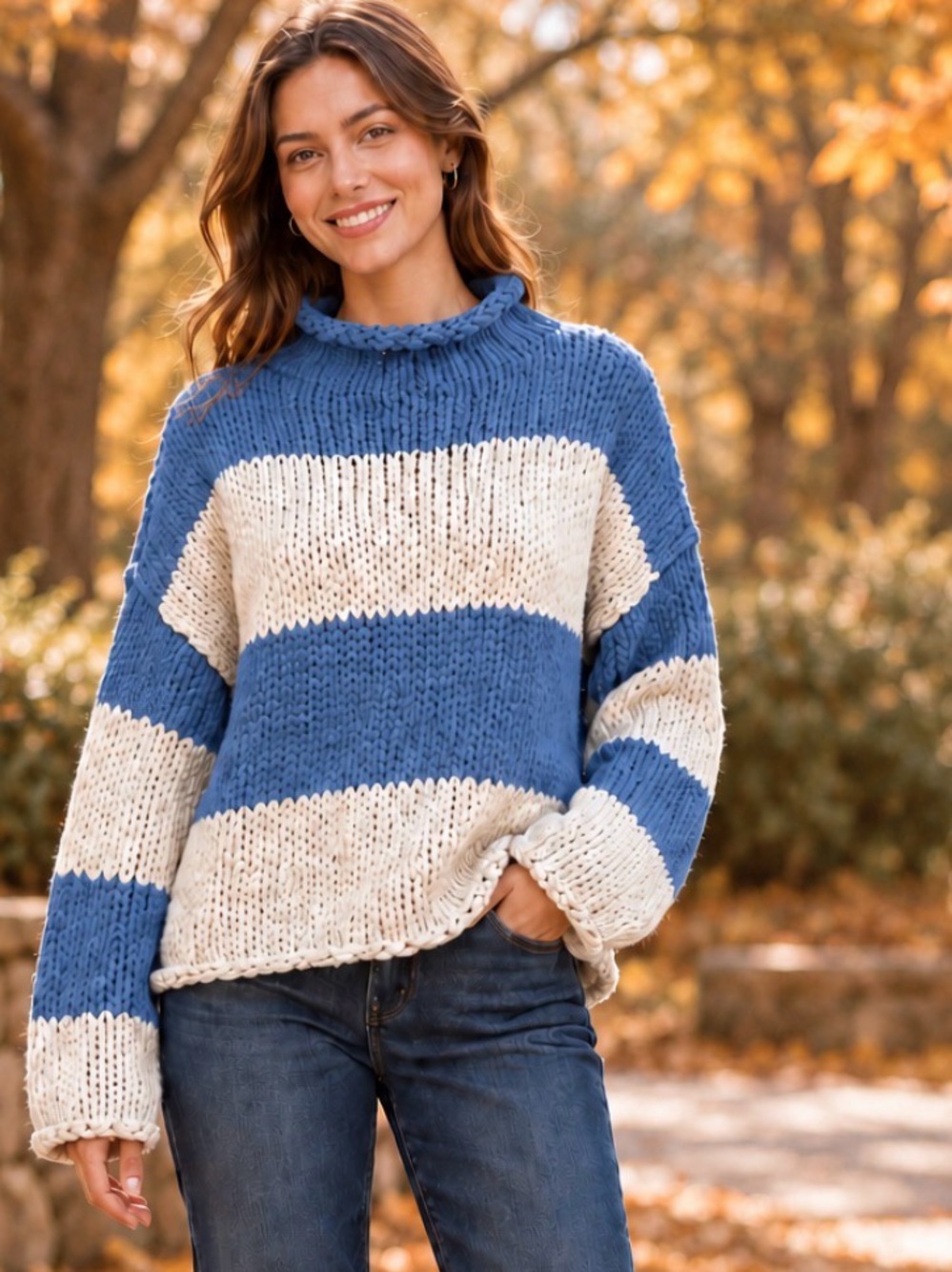 Free People Opal Rollneck Striped Chunky Knit Sweater Blue Off-white Size S NWT